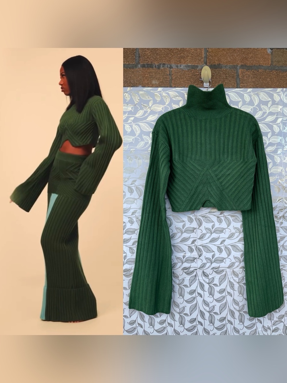 Hanifa Green Sia Crop Sweater L Wide Bell Sleeve Chunky Knit Top